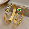 Retro Charm Stainless Steel Green Rhinestone Stone Cuff Bracelets Set for Women Cuff Bracelets Daily Party Gift - Image 3