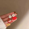 White Flower Red Heart Earring Stud Neon Yellow Sweet Hallowout Heart Daisy Flower Gold PlatingAsymmetrical Earring For Women - Image 3