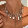 Layered Imitation Pearl Necklace with Metal Tassel Details - Image 1