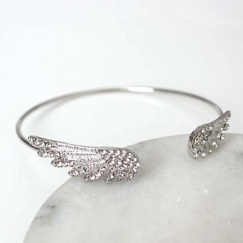 Korean Silver Color Angel Wing Cuff Bracelet For Women Crystal Feather Adjustable Bracelet Wedding Jewelry Gifts - Image 1