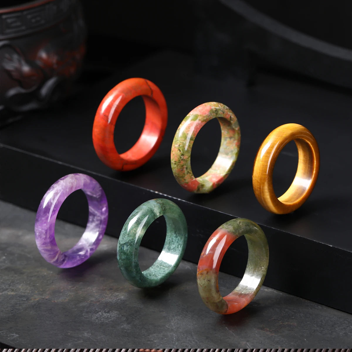 1 Pc Stone Jade Rings Crystal Agate Obsidian Fengshui Lucky Promise Wedding Band Thumb Ring Party Accessory Gifts - Image 1