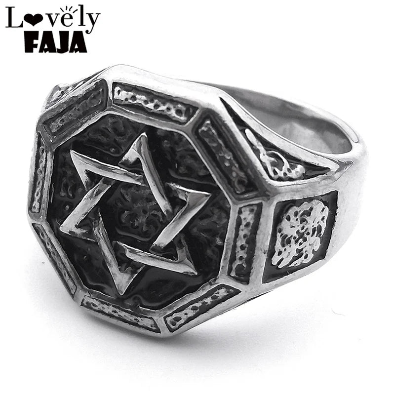 Jewish Vintage Punk Hexagram Star of David Ring Men Stainless Steel Male Boy Biker Jewelry Creativity Gift R592S03 - Image 1