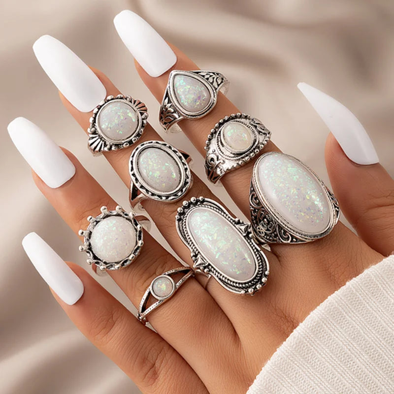 Tocona-set of vintage rings, silver colour, coloured Opal, carved stone, Bohemian jewels for women and men - Image 1