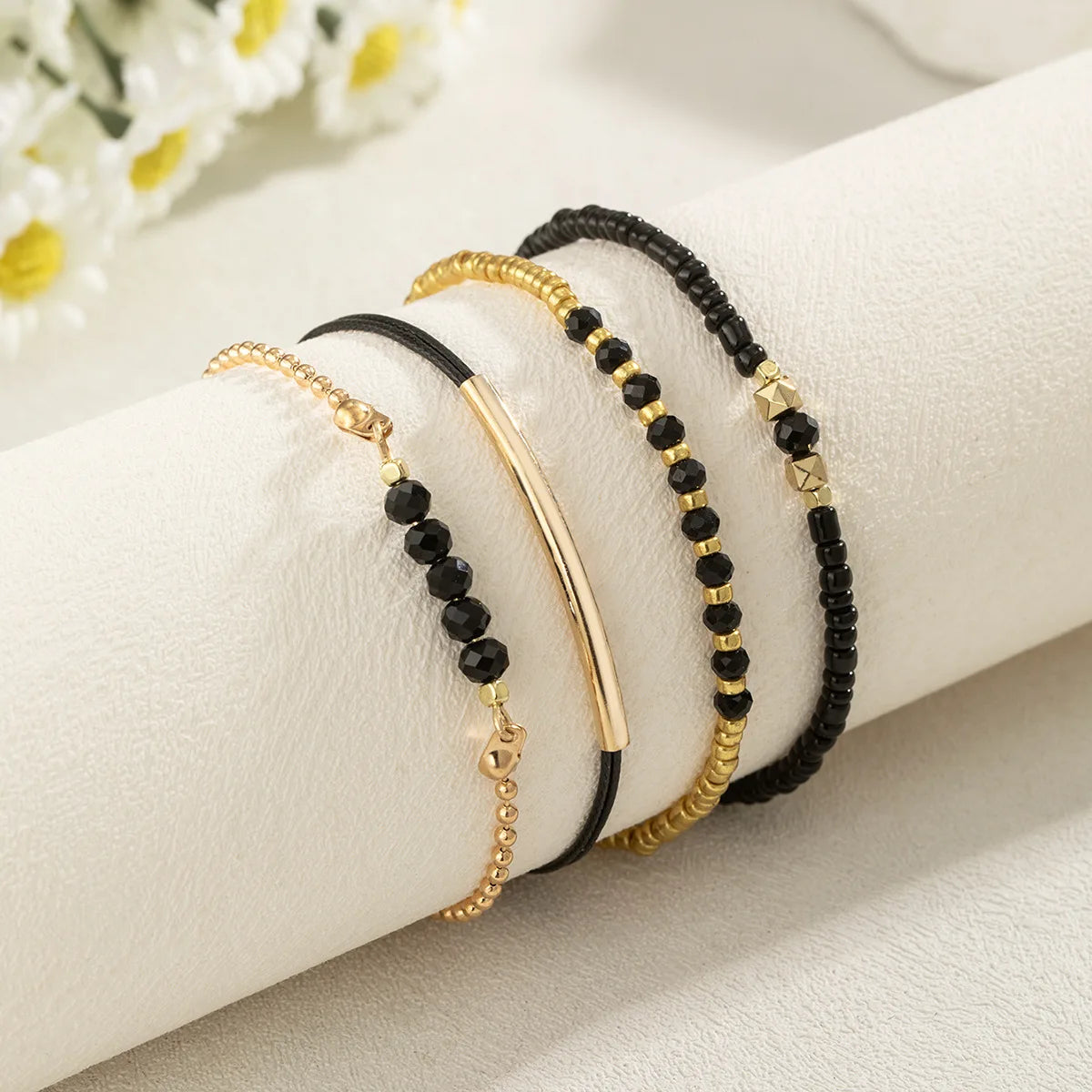 4 PCs/Set Black Stone Bracelets For Women Boho Handmade Multilayer Jewelry Accessories - Image 1