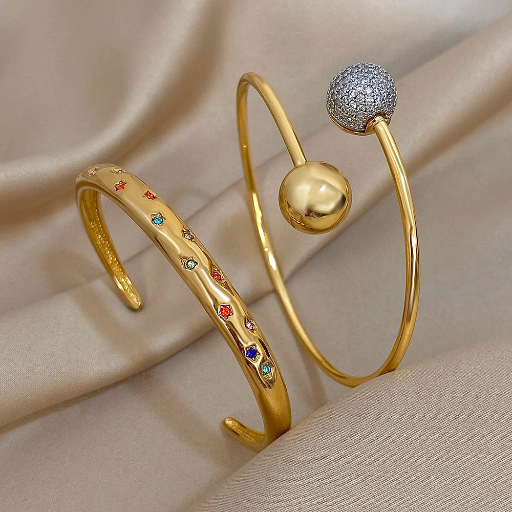 Star Inlaid Colored Small Synthetic Cubic Zirconia Stainless Steel Open Cuff Bracelets Bangles Wrist Jewelry - Image 1