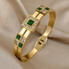 Stainless Steel Large Green Zircon Gold Plated Bracelet Rhinestone Layered Cuff Bracelet Jewelry - Image 2