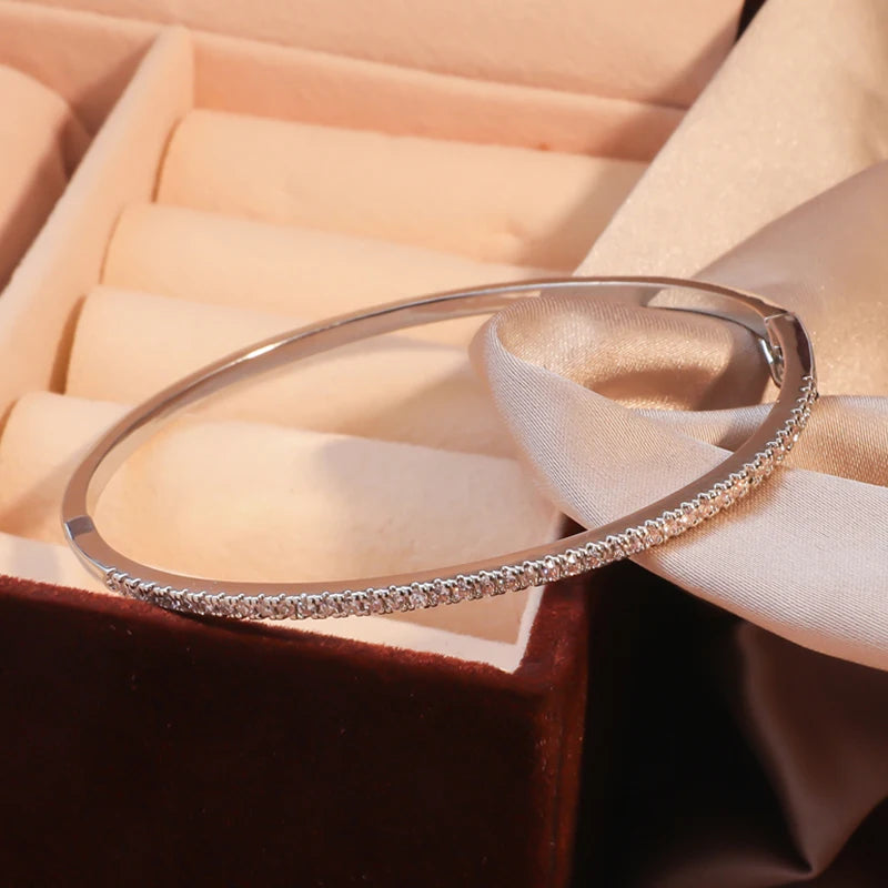 Zirconia Round Bangles For Women Girls Silver Color Metal Crystal Wristlet Jewelry Wedding Festival Gifts - Image 1