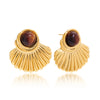 Vintage Tiger Eye Stud Earrings For Women Gold Plated Fan Shape Stainless Steel Earrings Jewelry Gift - Image 1