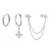3PCS Four Zircon Flower Hoop Earring Set For Women Stainless Steel Double Stud Chain Tassel Huggie Piercing Jewelry - Image 7