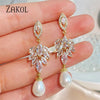 Elegant Cubic Zirconia Leaf Dangle Earrings for Women Imitation Pearls Bridal Earring Wedding Jewelry - Image 2