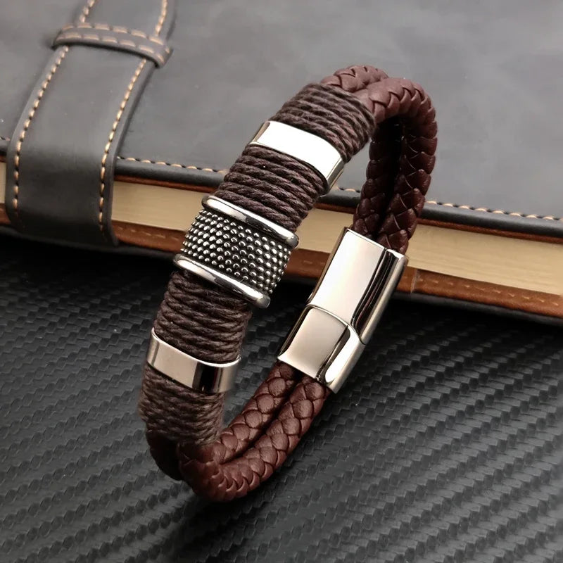 Vintage Multilayer Brown Leather Stainless Steel Men Bracelet Bead Bracelet Jewelry Male Wrist Bangle Christmas Gifts - Image 1