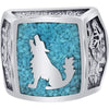Mens Southwestern Style Turquoise Gemstone Inlay Howling Wolf Silver Ring - Image 2
