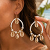 Handmade Beaded Woven Hoop Earrings with Spotted Shell Drop for Women Tribal Dreamcatcher Boho Summer Beach Vacation Jewelry - Image 1