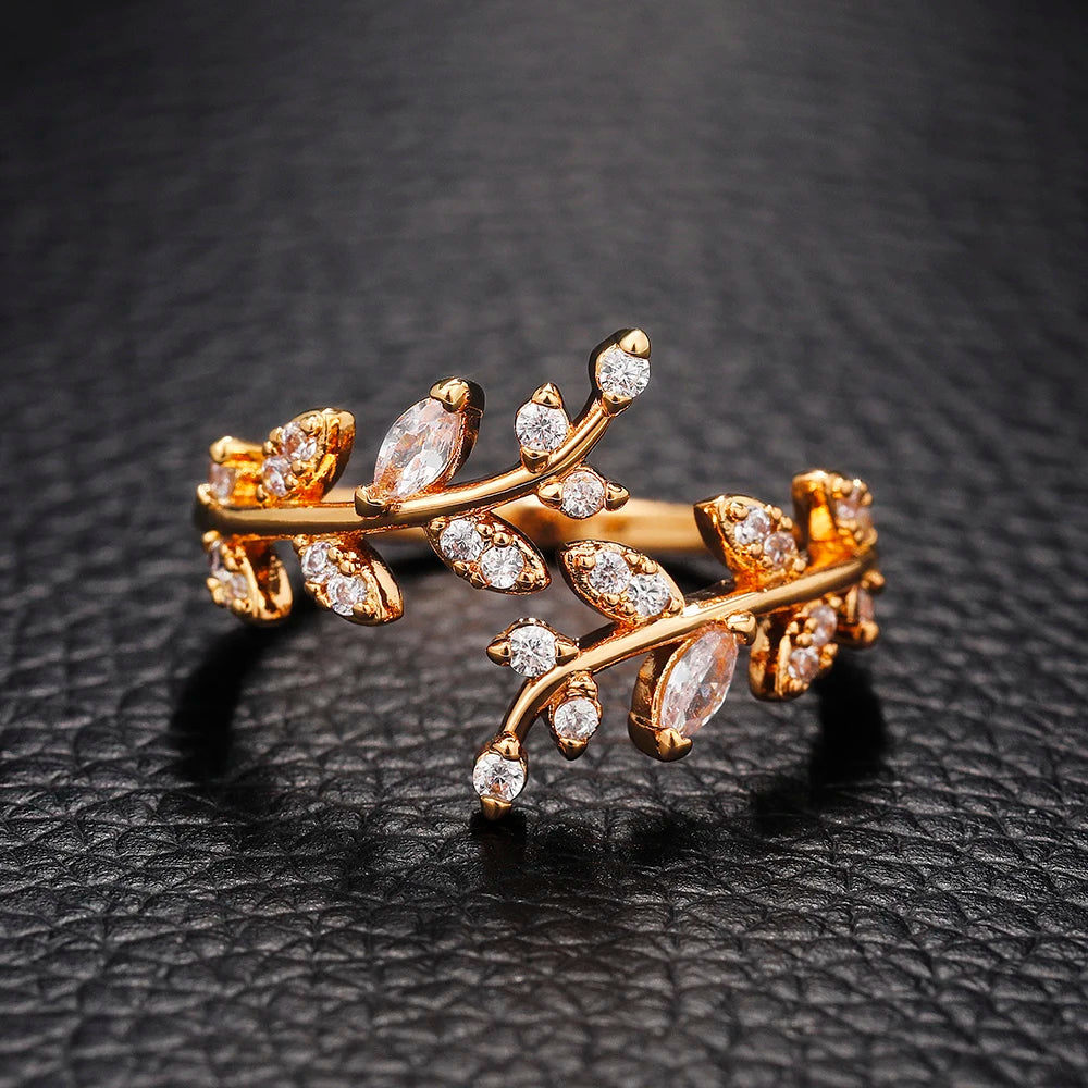 Fancy Leaf Design Adjustable Opening Rings for Women Sparkling Cubic Zirconia Olive Ring Party Daily Wear Jewelry - Image 1