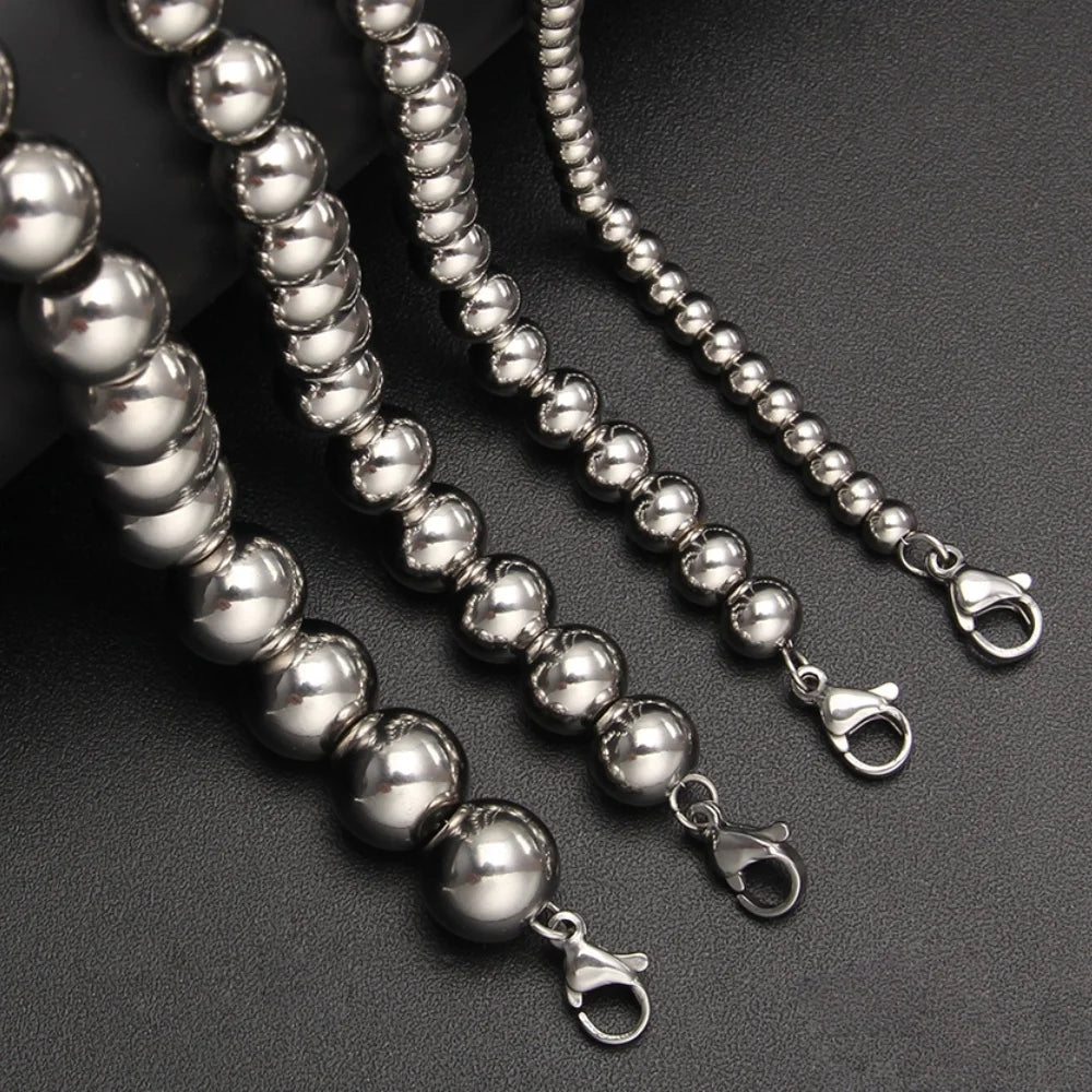 Stainless Steel Chain Beaded Bracelet Adjustable Silver Color Smooth Metal Ball Link Bracelets Women Men Jewelry Gift - Image 1
