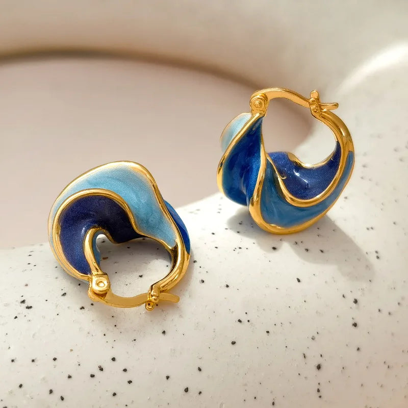 Enamel Blue Color Metal Texture Small Hoop Earrings for Women Gold Plated Statement Ear Buckle Creative Jewelry Gifts - Image 1