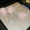 2pcs Imitation Pearl Crystal Tassel Earrings Pink Mesh Flower Pendant Necklace Temperament Women's Jewelry Set K - Image 2