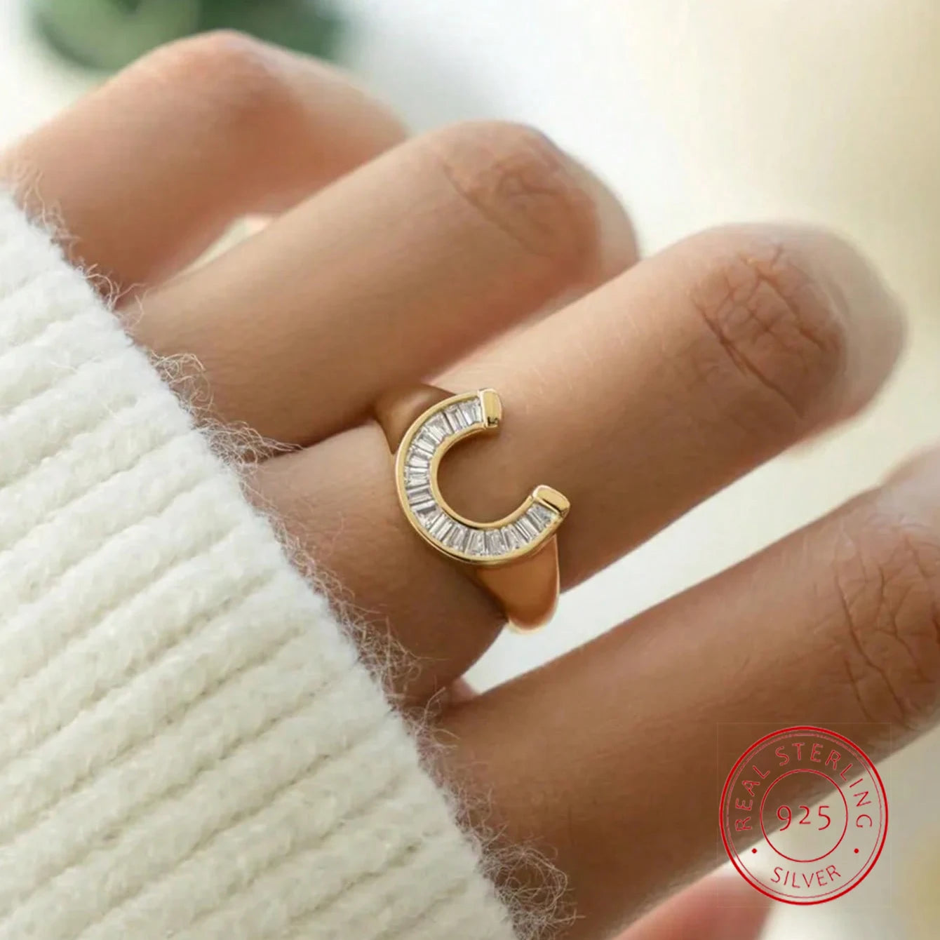 Horseshoe Shaped Synthetic Rings for Woman Men Silver T-Square Stone Ring Engagement Jewelry Gift - Image 1