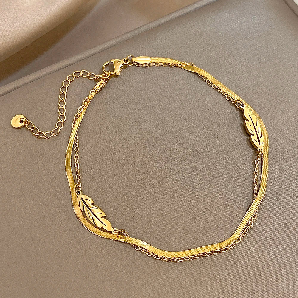 Stainless Steel Anklets for Women Men Doublelayer Leaves Gold Plated Thick Chain Bracelet Anklet Jewelry - Image 1