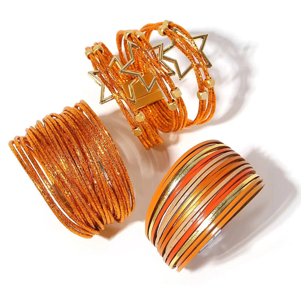 Chunky Orange Leather Bracelet for Women Geometric Heart Stars Braided Cuff Bangle Bracelets Jewelry Gifts - Image 1