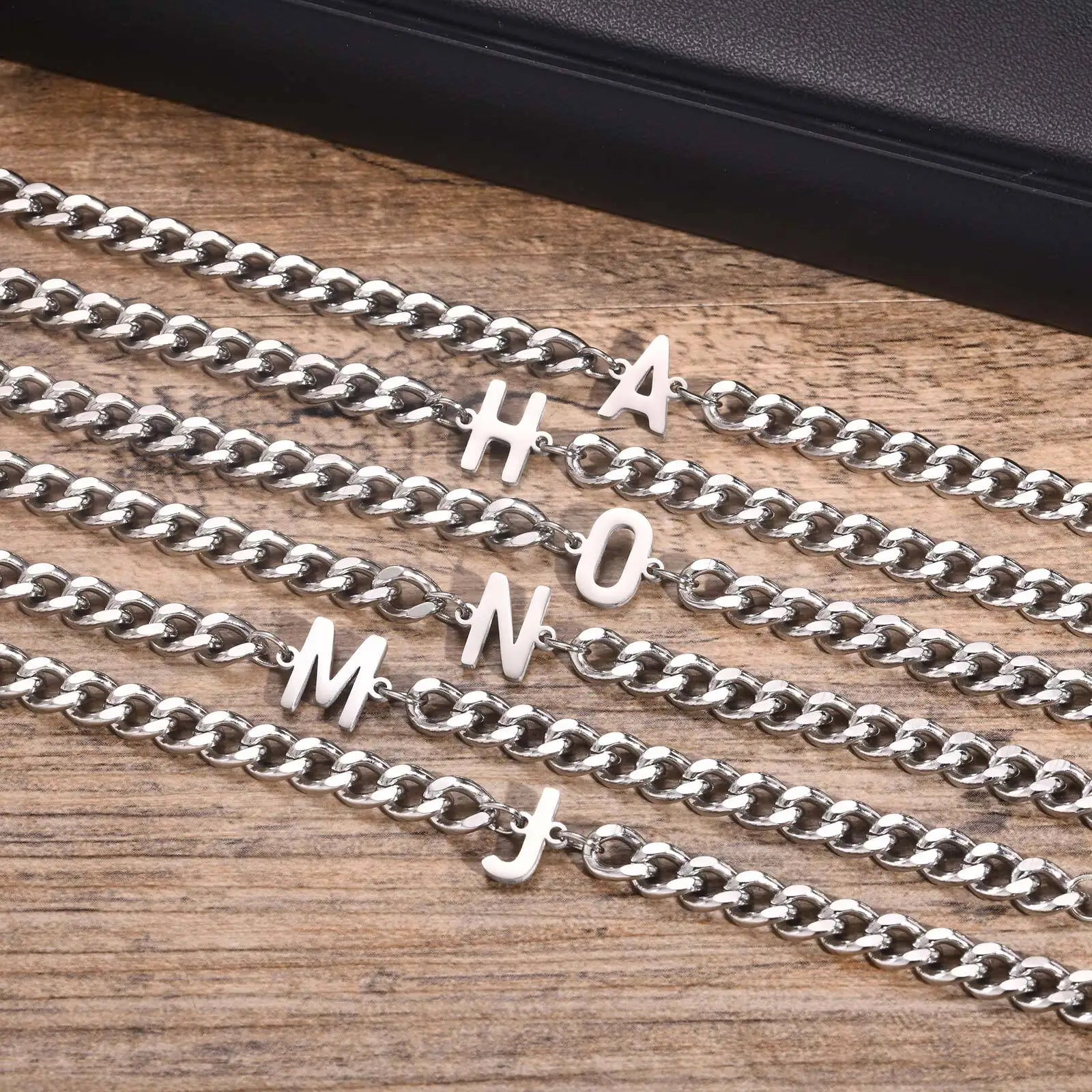 A-Z Initial Cuban Chain Bracelets for Men Women, Silver Color Stainless Steel Curb Links, Letters Name Charm Bracelet Gift - Image 1