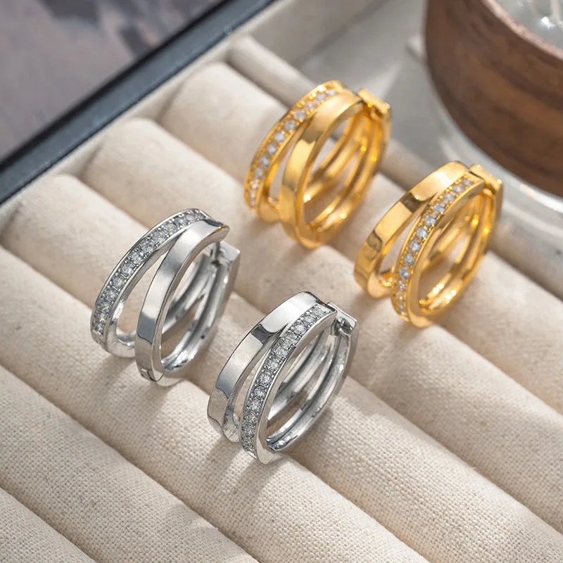 Silver Crystal Zirconia Hoop Earrings for Women Simple Double Ring Circle Earrings Punk Jewelry Party Gifts - Image 1