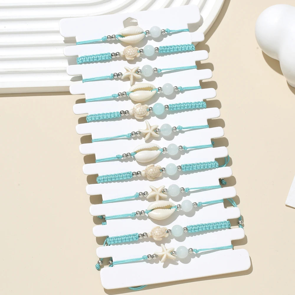 12-Piece Braided Bracelet Set with Shell Starfish and Turtle Charms - Image 1