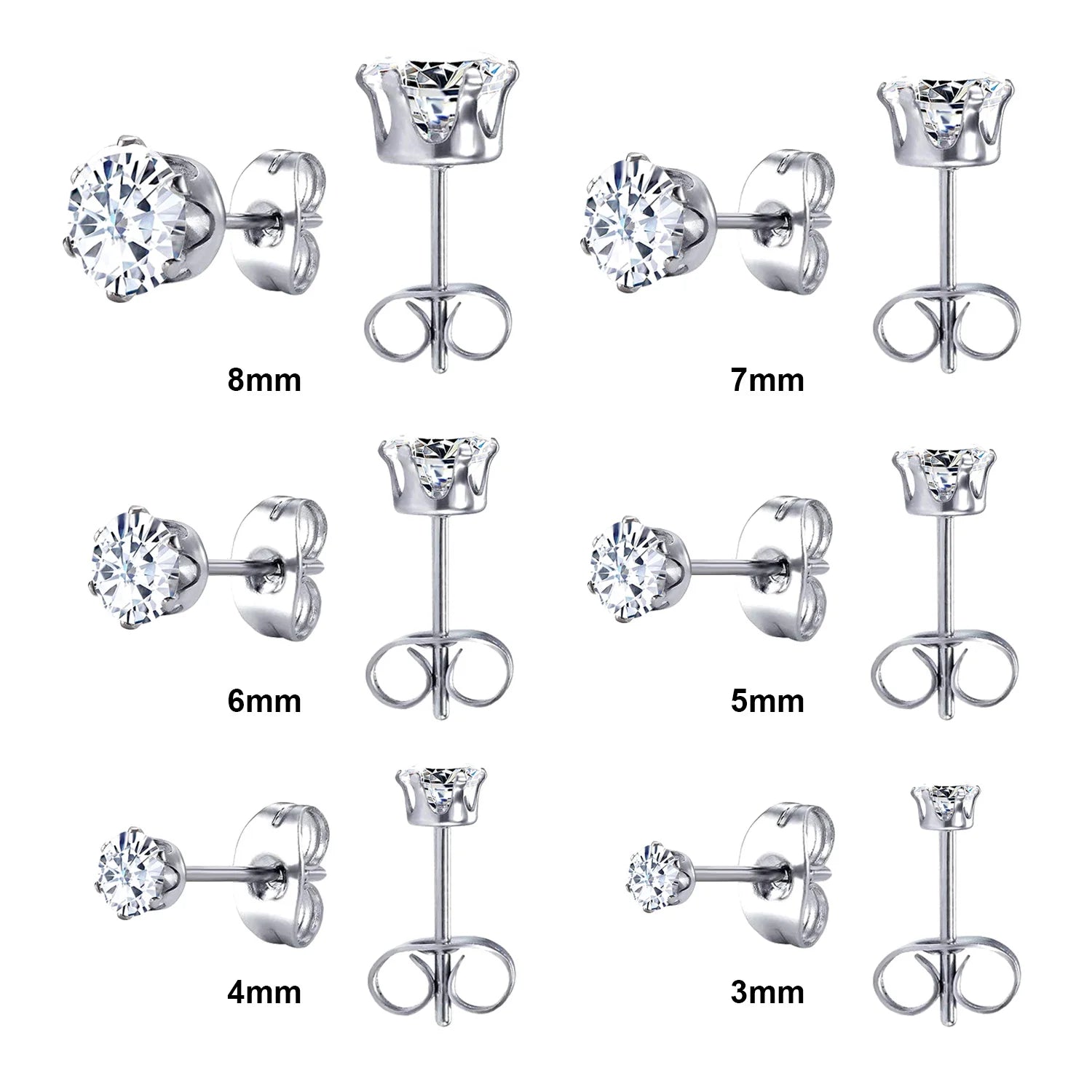 Six-Pair Stainless Steel Stud Earring Set with Cubic Zirconia in Multiple Colors - Image 1