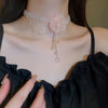 2pcs Imitation Pearl Crystal Tassel Earrings Pink Mesh Flower Pendant Necklace Temperament Women's Jewelry Set K - Image 3