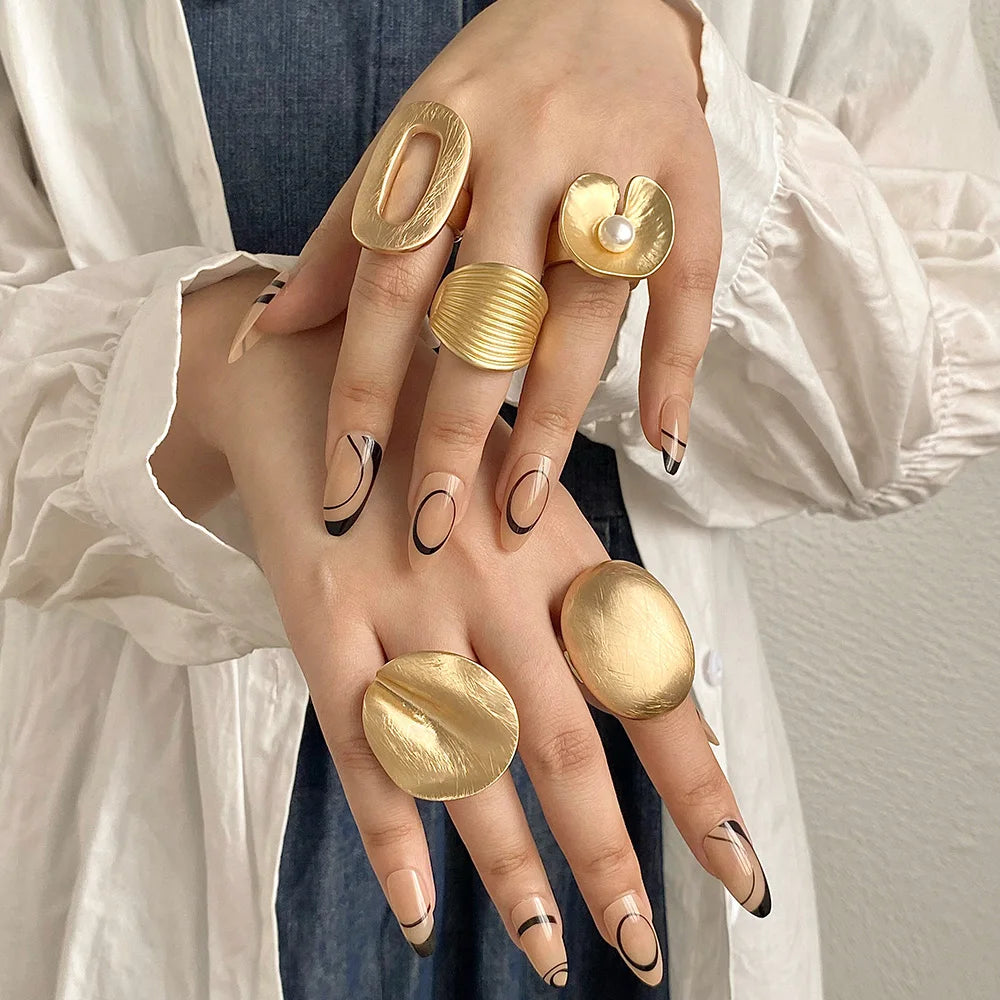 Elastic Rope Adjustable Rings for Women Men Irregular Geometric Matte Chunky Gold Color Finger Ring Charm Jewelry - Image 1