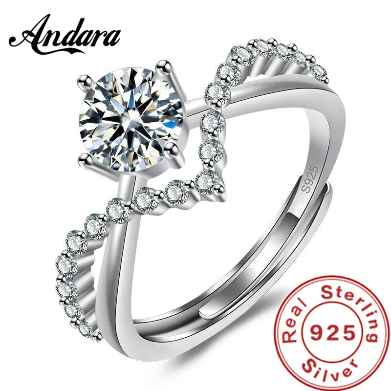 Silver Zircon Couple Ring Adjustable Open Heart-Shaped Men Women Love Eternal Wedding Anniversary Jewelry - Image 1