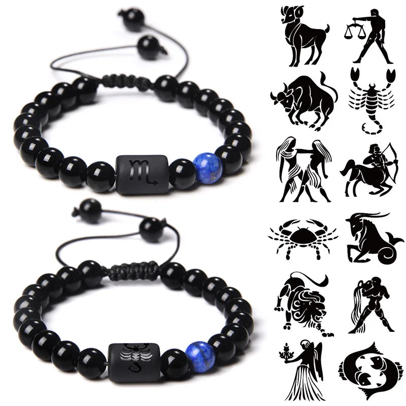 12 Constellation Zodiac Signs Bracelet Black Onyx Beads Cancer Leo Onyx Braided Bracelet for Women Men Couples Jewelry Gift - Image 1