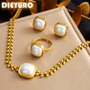 316L Stainless Steel Square Large Pearl Necklace Earrings Ring For Women Girl Party Gift Jewelry Set - Image 1