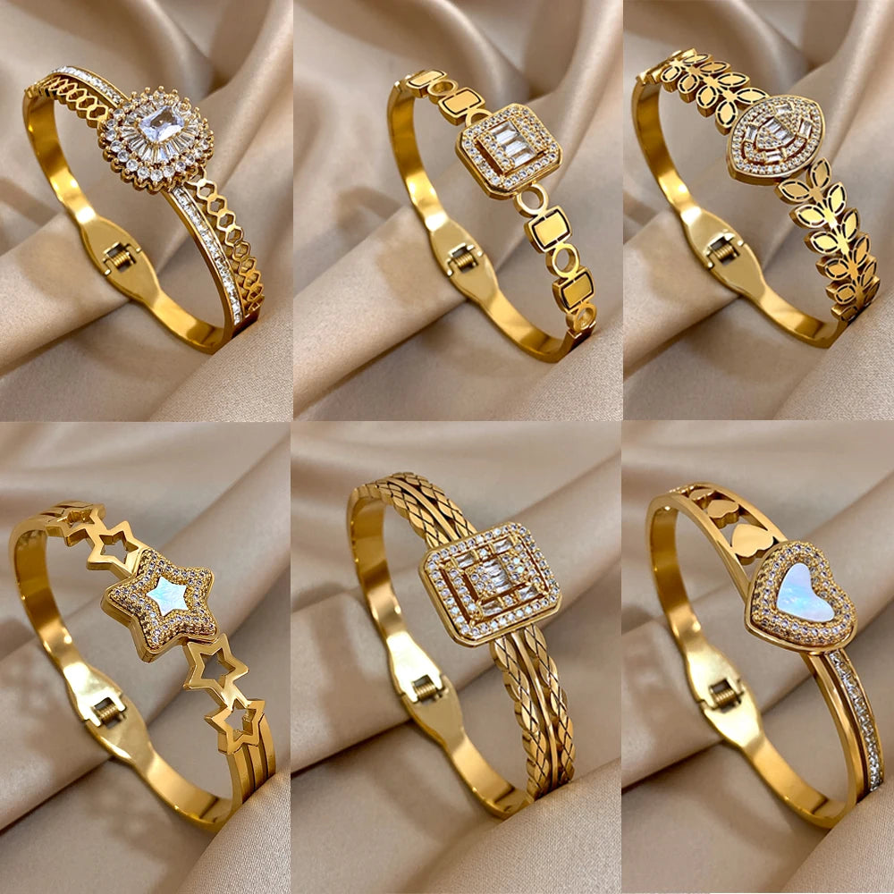 Stainless Steel Bangle Bracelet Inlay Rhinestones Synthetic Zirconia Geometric Oval Square Stars Shape for Women - Image 1
