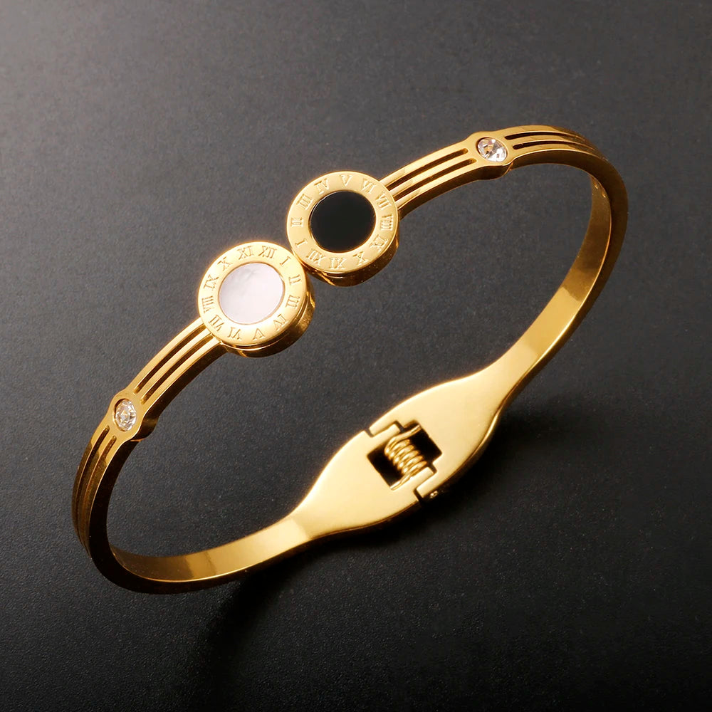 Vintage Black White Open Cuff Bangle Bracelets Gold Color Tri-Color CZ Rhinestone Stainless Steel Bangles For Women - Image 1