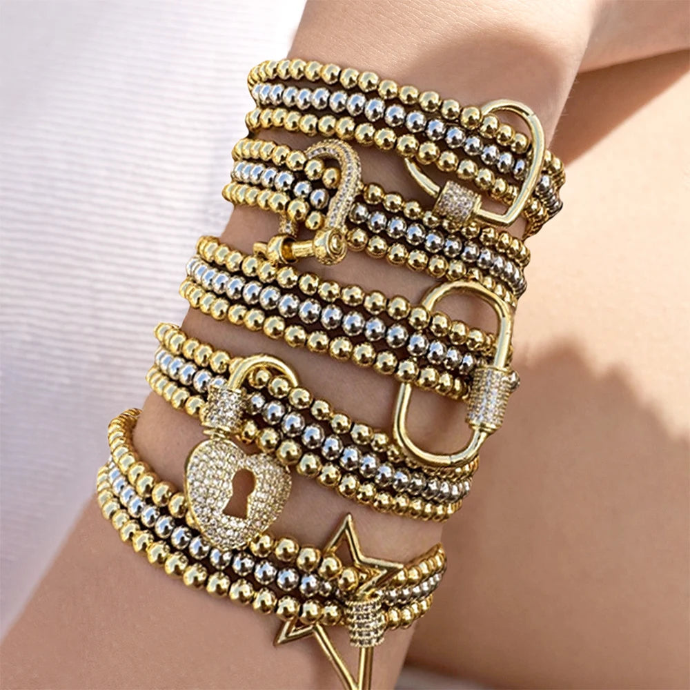 Beaded Stretch Bracelet with Crystal Accents in Gold-Tone - Image 1