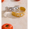 Simulated Pearls Hammer Metal Cuff Bracelet Bangle Texture Stainless Steel Statement Open Wrist Jewelry - Image 2