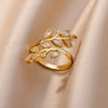 White Zircon Flower Leaf Shape Stainless Steel Rings For Women Adjustable Aesthetic Wedding Ring Light Female Jewelry Bff - Image 5