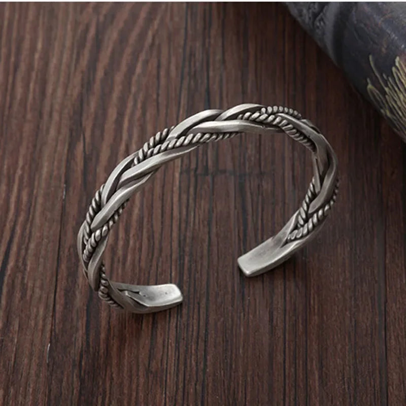 Silver Twisted Woven Bracelet man women Neutral Retro Thai Handmade Opening bangle Gifts - Image 1