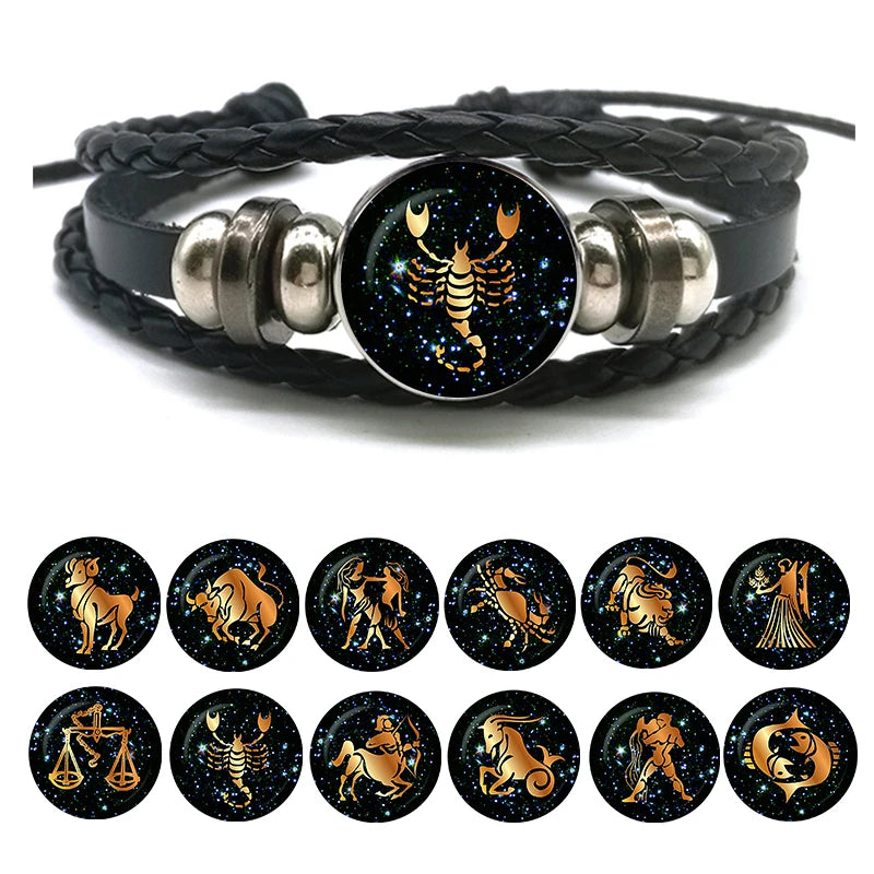 12 Zodiac Signs Leather Bracelet for Men Women Virgo Libra Scorpio Aries Taurus Braided Rope Bracelets Birthday Gift - Image 1