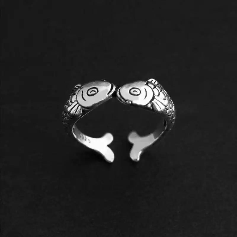 Retro Silver Jewelry Small Goldfish Pisces Fish Kiss Animal Elegant Opening Rings - Image 1