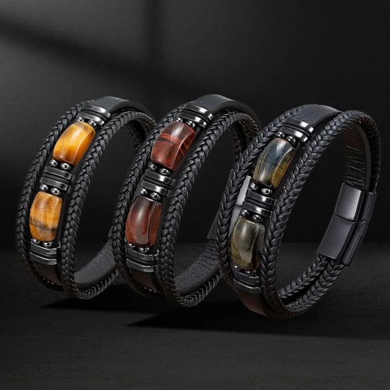 Leather Cord Bracelet with Stone Beads and Magnetic Clasp in Multiple Colors - Image 1