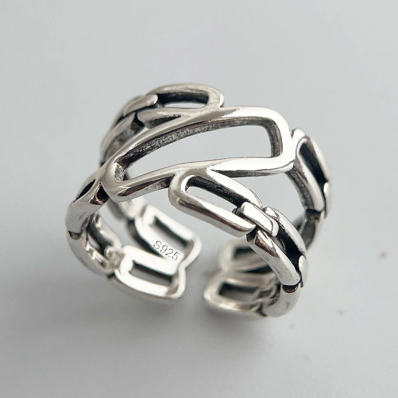 Silver Rings For Women Men Wide Vintage Geometric Hollow Open Ring For Birthday Party Gift - Image 1