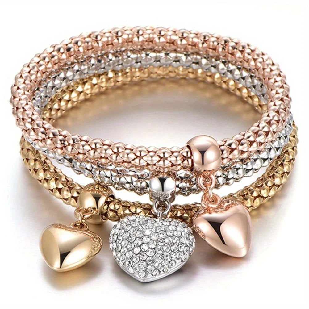 3Pcs Heart Bracelet Set For Women Crystal Owl Lock Key Music Sign Butterfly Elephant Charm Bangle Party Jewelry Gift - Image 1