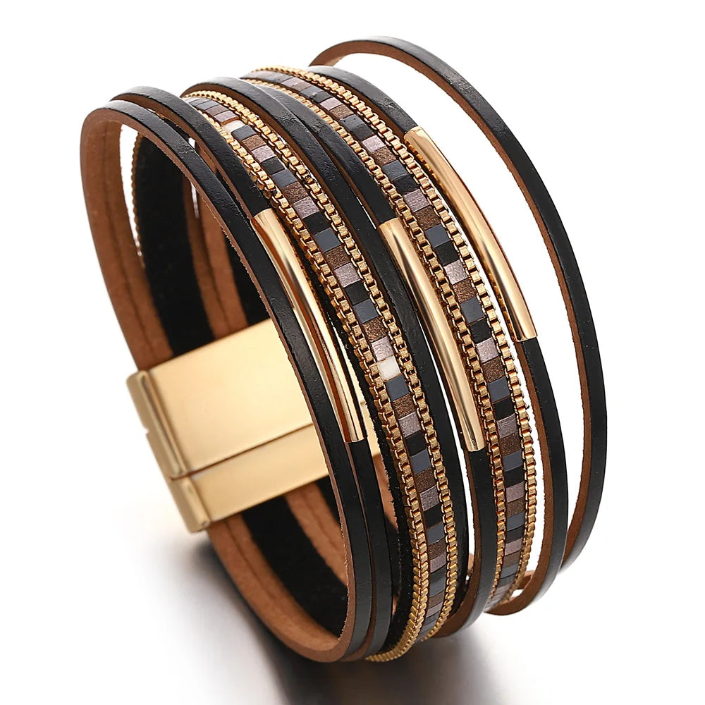 Colorful Square Leather Bracelet for Women Men Boho Metal Tube Multilayer Wrap Wide Bracelets Charm Party Jewelry - Image 1