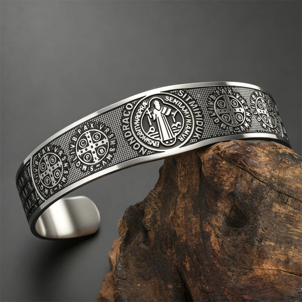 Saint Benedict Bracelet for Men Stainless Steel Open Cuff Bangle Catholic Protection Amulet Faith Protection Religious Jewelry - Image 1