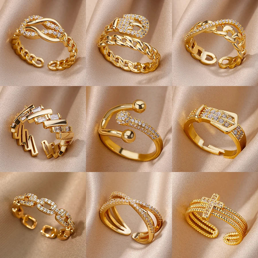 Chain Hollow Out Rings For Women Gold Color Stainless Steel Zircon Cross Open Ring Wedding Aesthetic Jewerly Gift - Image 1