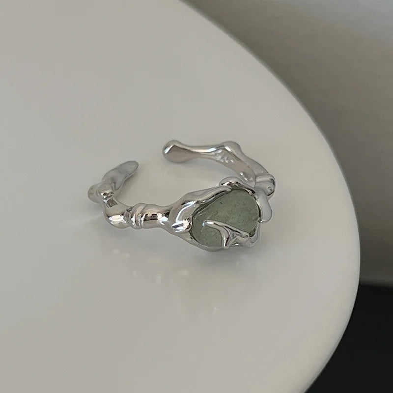Silver plated Liquid Lava Hetian Jade Bamboo Ring for Women Girl Gift Irregular Vintage Jewelry - Image 1