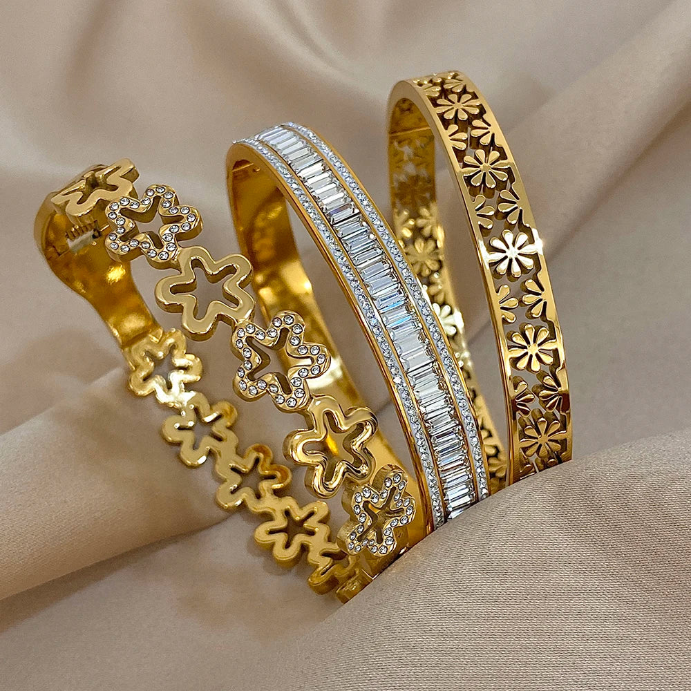 Stainless Steel Hollow Flower Rhinestone Cuff Bangle - Image 1