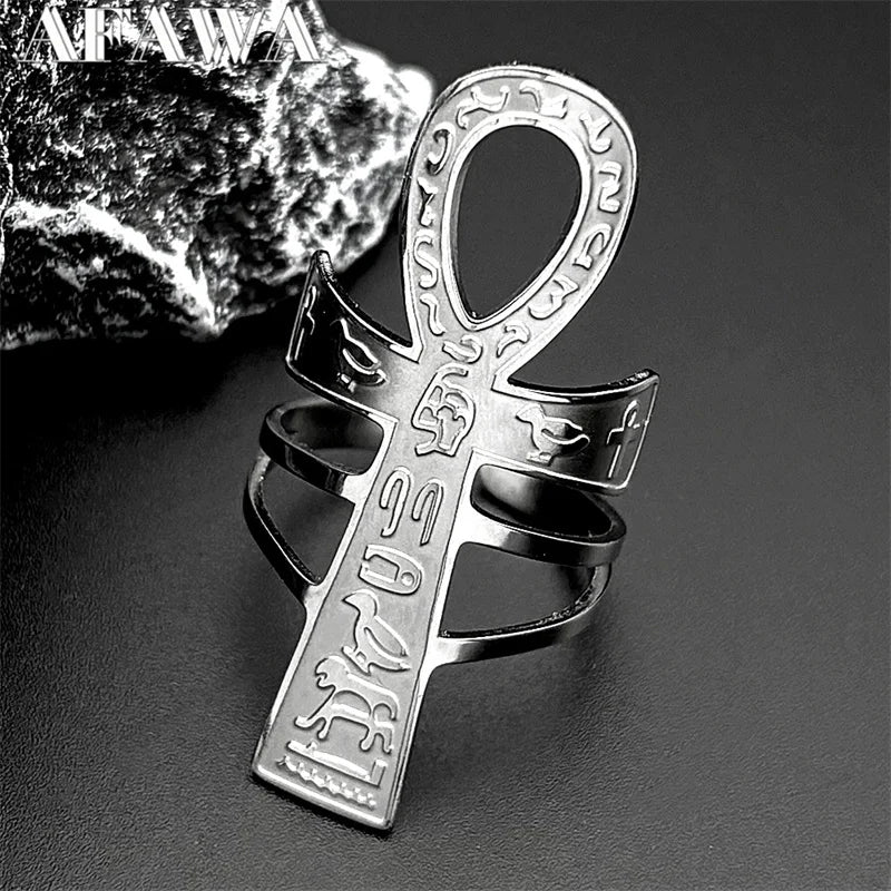 Egyptian Ankh Cross Key Of Life Adjustable Open Rings for Women Men Stainless Steel Mythology Animal Rune Finger Ring Jewelry - Image 1